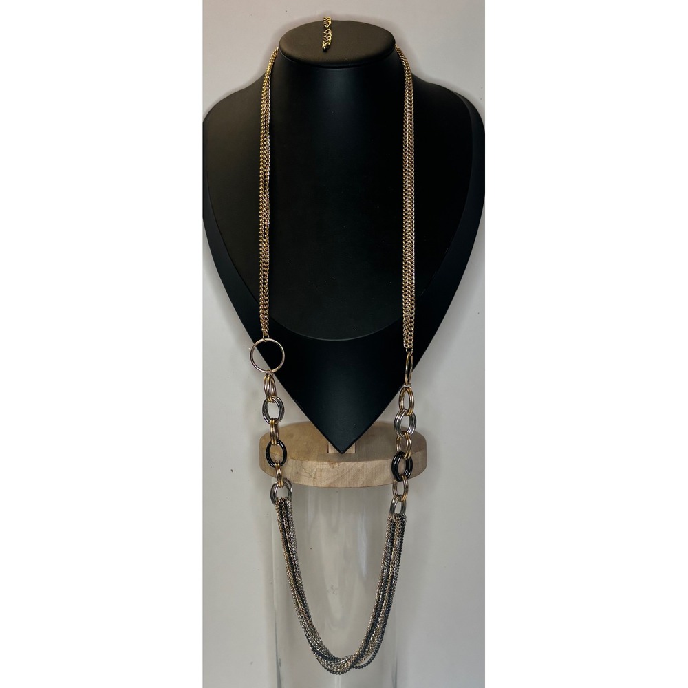 Vintage Mixed Metal Modernist Long Multi-Strand Chain Necklace Bold Rings 37"